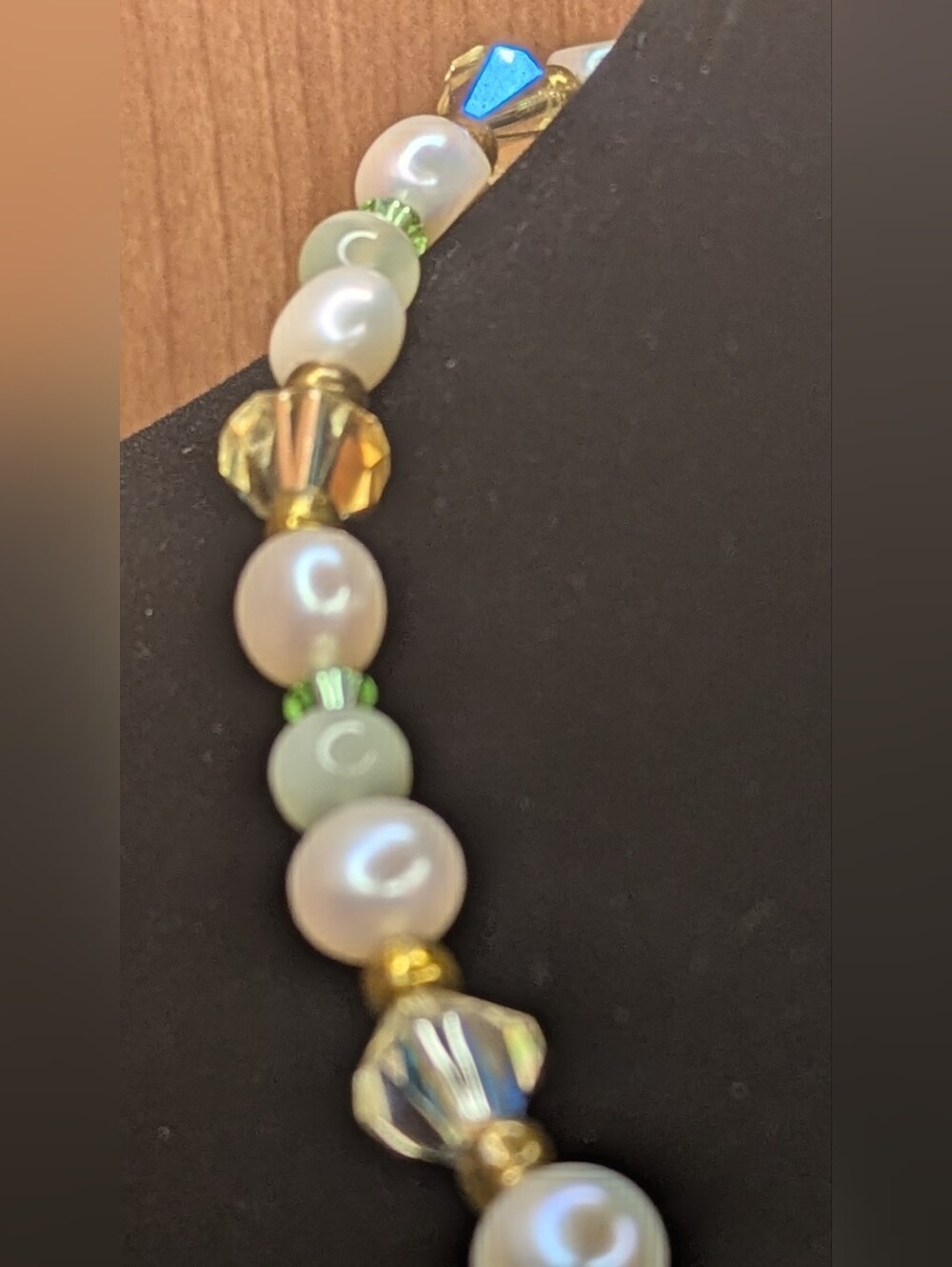 Handmade Freshwater Pearl & Prehnite Beaded Necklace AB Crystal Accents 17"